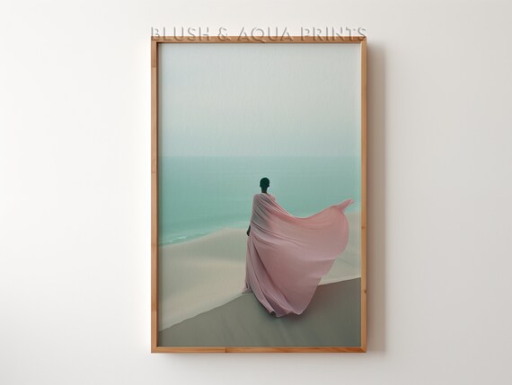 Lone Woman In Flowing Pink Fabric On Misty Beach Fine Art Print