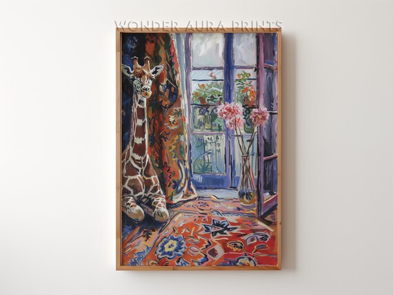 Giraffe Sitting Near Balcony Art Print Maximalist Wall Decor Dopamine Jungle Wonder Aura Prints