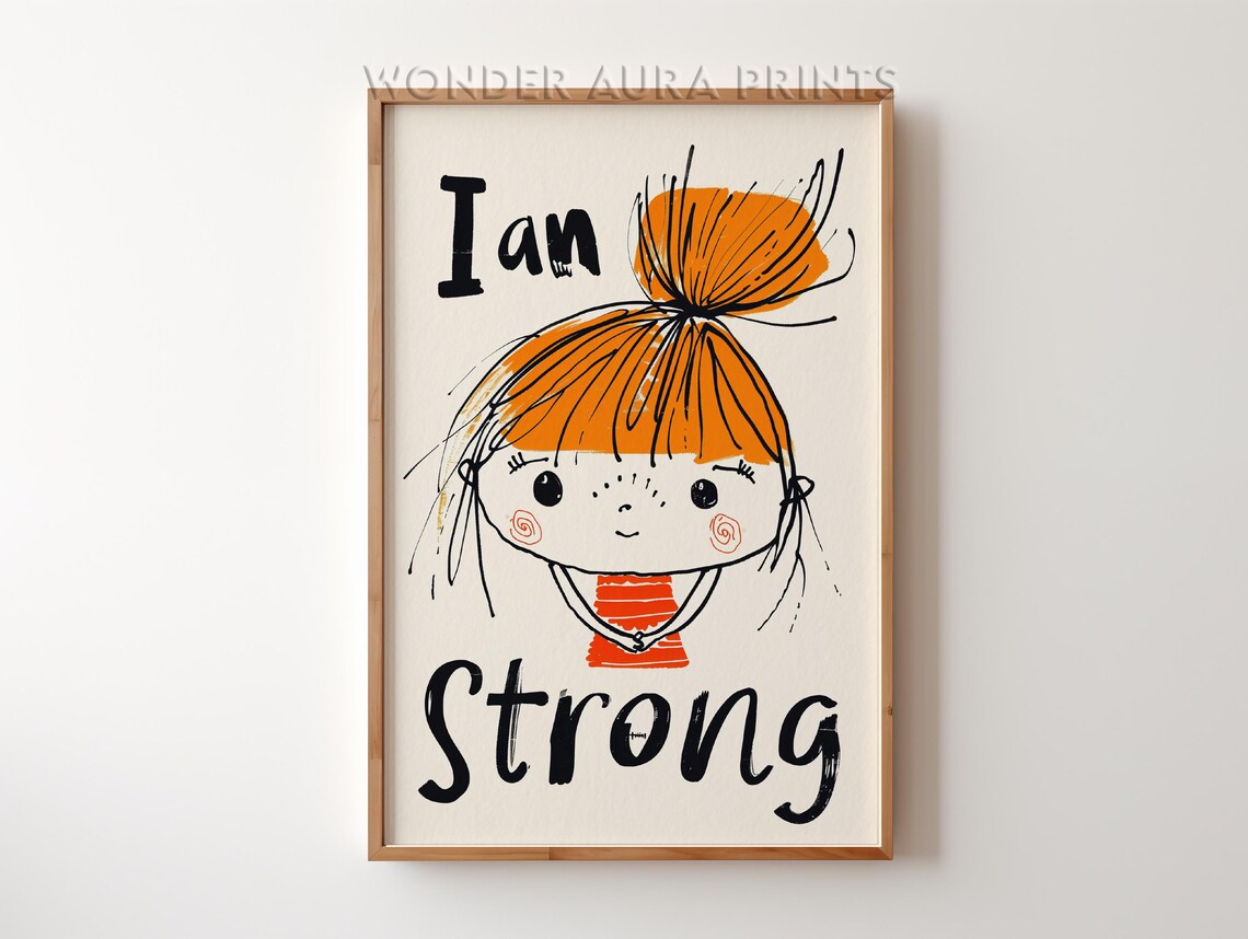 I Am Strong Motivational Quote Cute Doodle Girl Kids Room Poster