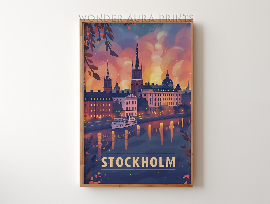 Stockholm Sweden Night Waterfront City Hall Tower Lights Travel Poster