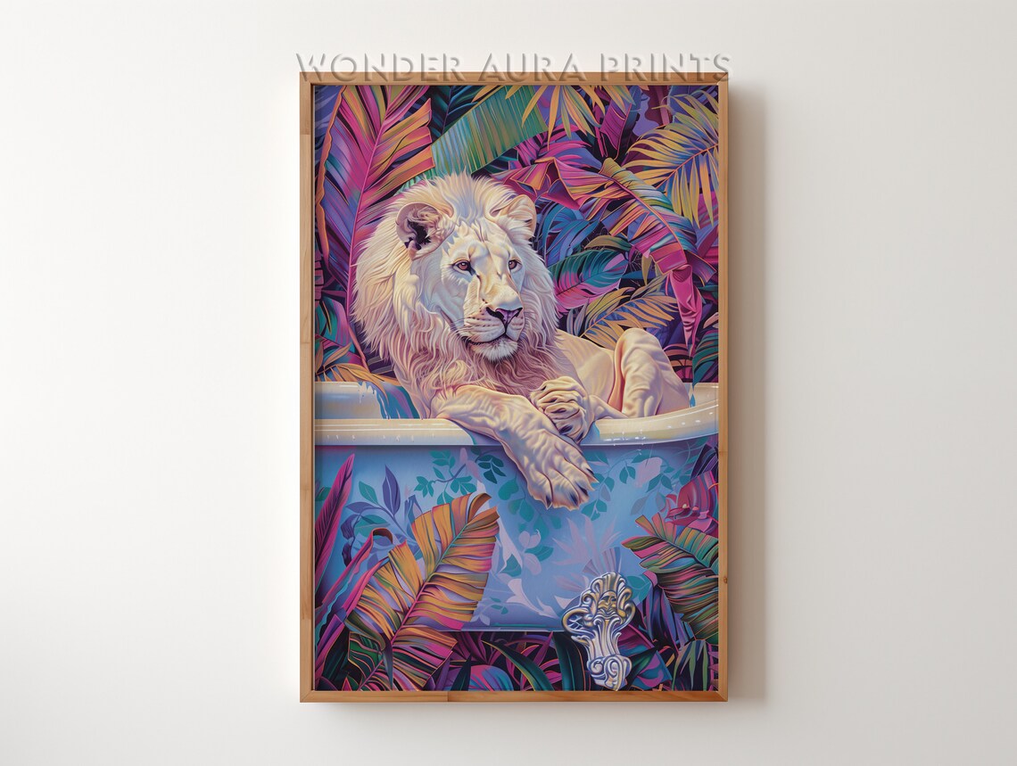 Albino Lion In A Bathtub Maximalist Bathroom Decor Dopamine Print Jungle Wall Wonder Aura Prints
