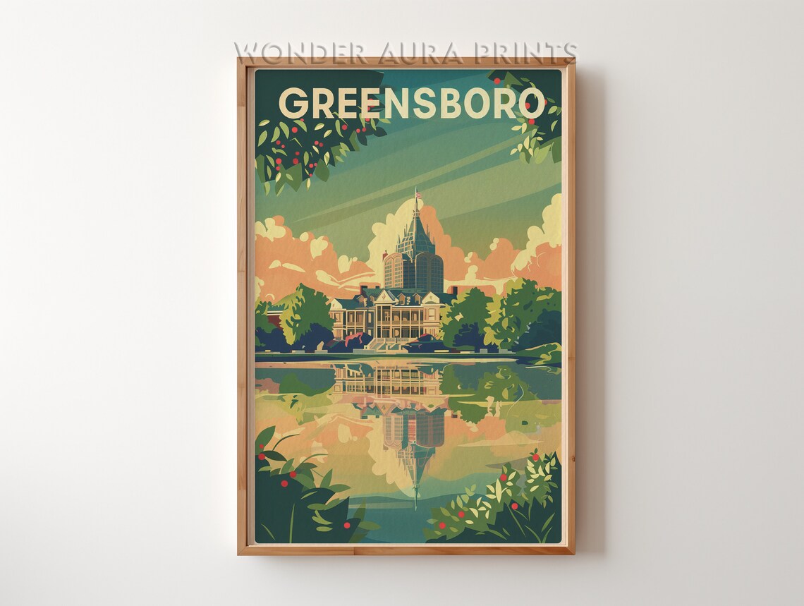 Greensboro Lakeside Historic Building Sunset Reflection Travel Poster