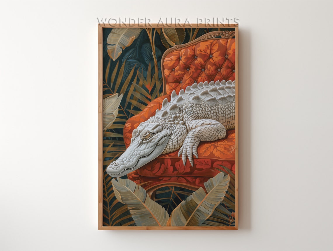 Sleeping Albino Crocodile on a Sofa Funny Jungle Animal Poster