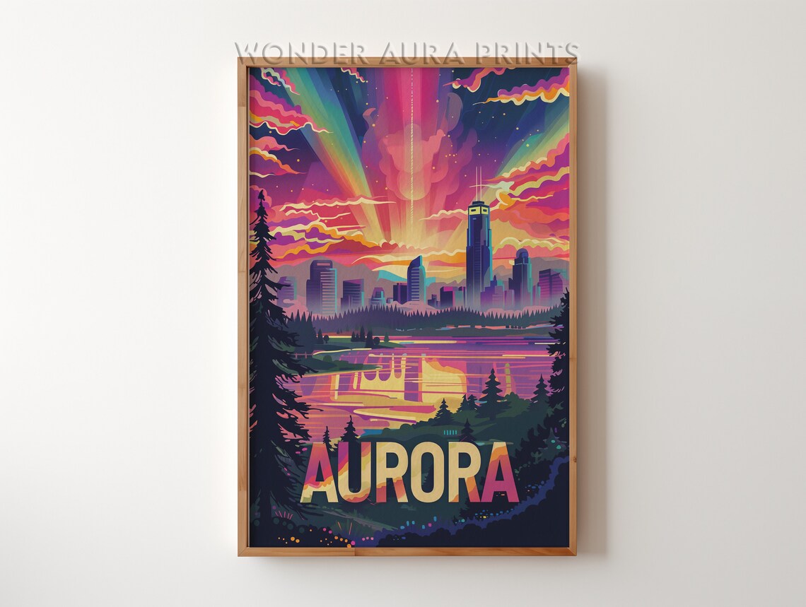 Aurora City Skyline Pink Sunset Lake Reflections Travel Poster