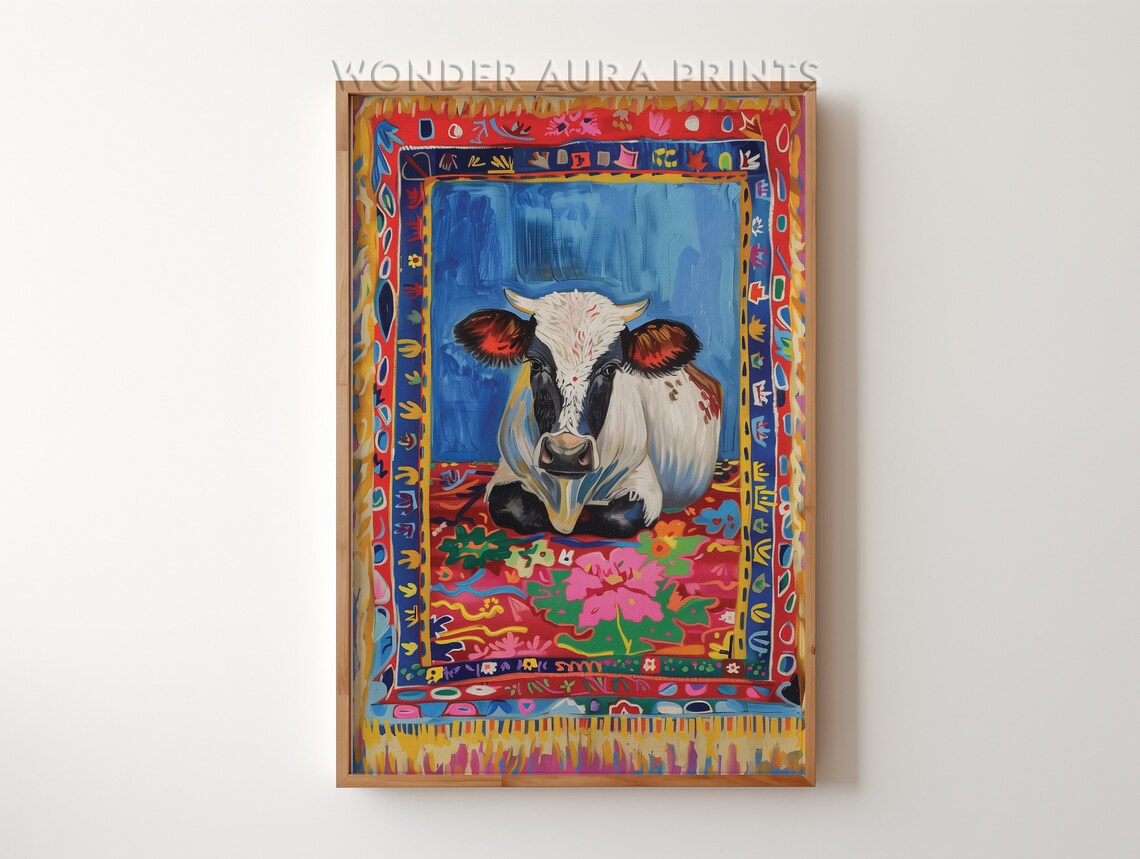 Resting Cow Colorful Folk Art Floral Carpet Painting Art Poster