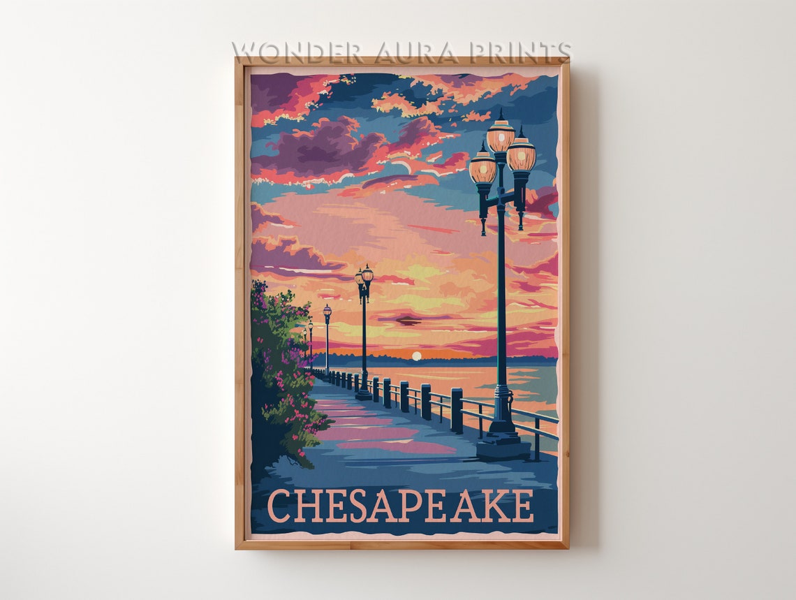 Chesapeake Sunset Waterfront Pier Glowing Clouds Travel Poster