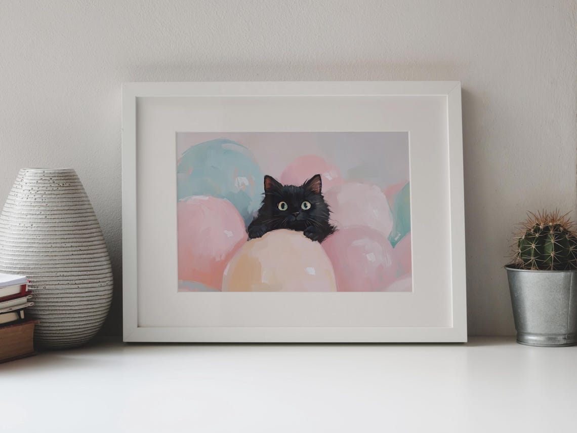 Black Kitten Peeking Over Pastel Balloons Cute Green Eyes Art Poster - Image 4