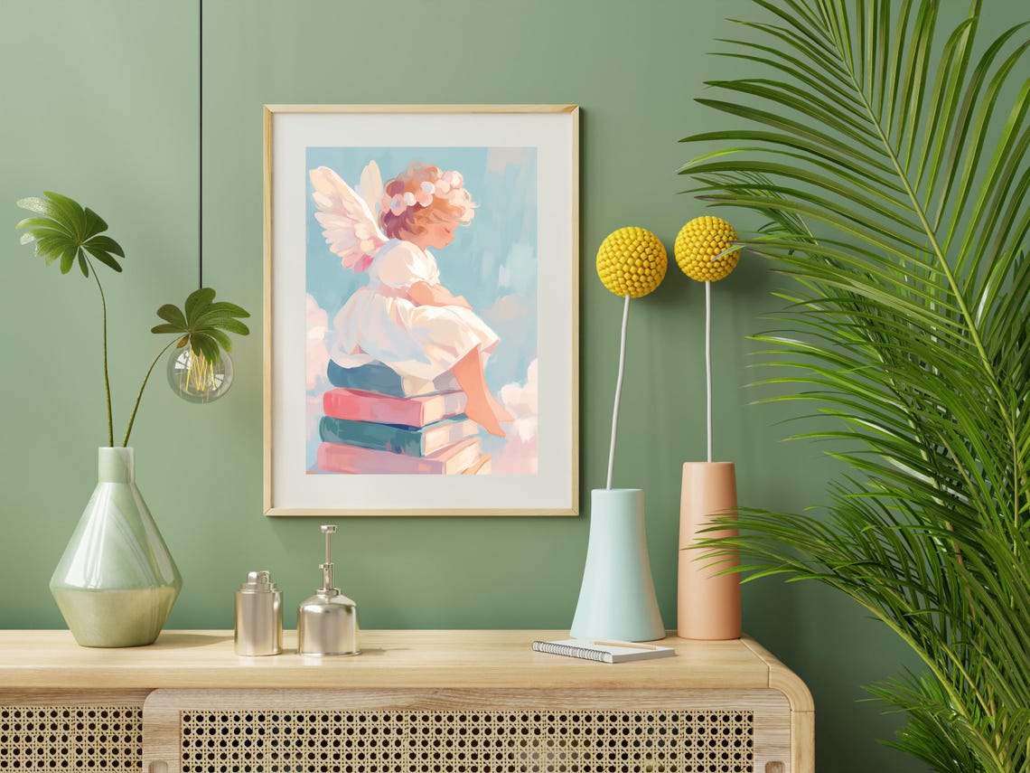 Little Angel Sitting On A Stack Of Pastel Books Among Clouds Poster - Image 4