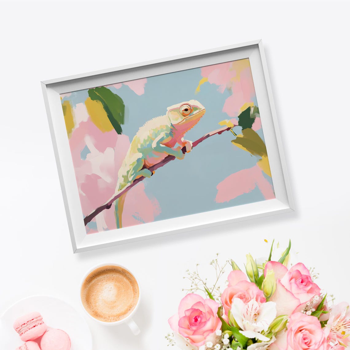 Pastel Chameleon On Branch Colorful Reptile Nature Art Wall Print - Image 5