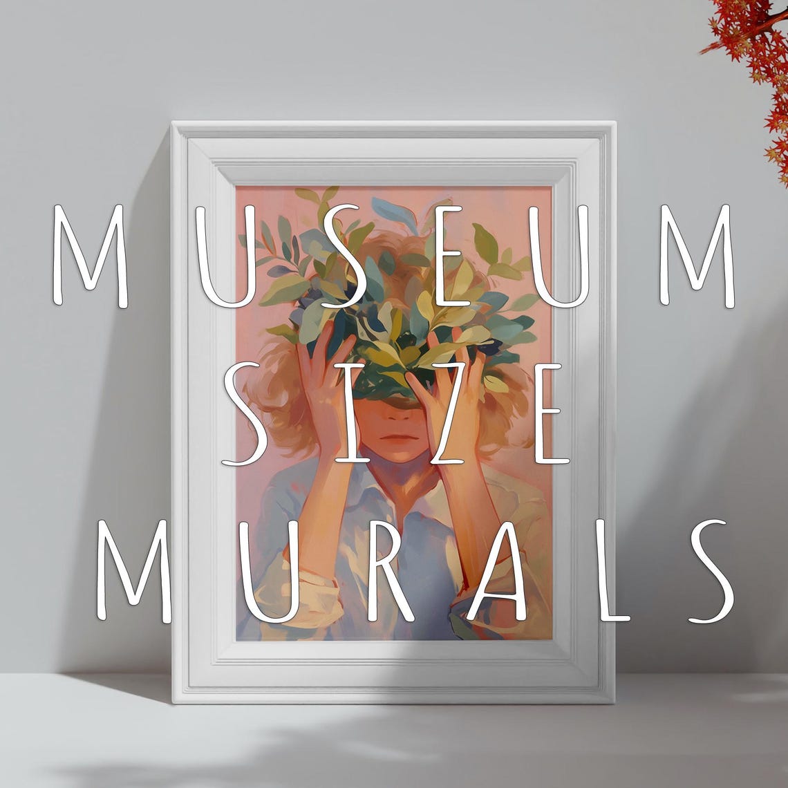 Woman Holding Leafy Branches Over Her Face Blush Pink Art Poster - Image 3