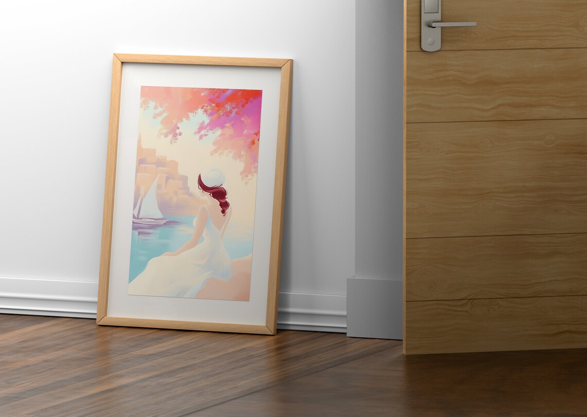 Woman Watching Sailboat at Pink Sunset Coastal Dream Sea Art Poster - Image 2