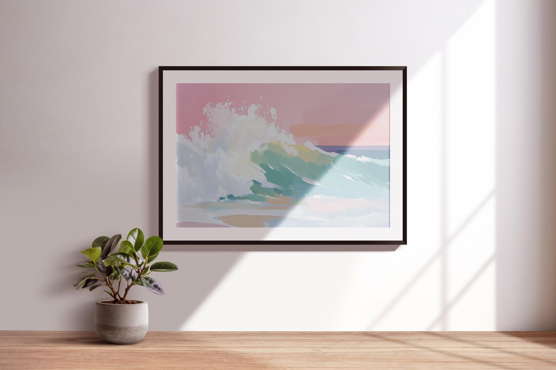 Pastel Ocean Wave Crashing On Beach Pink Sunset Sky Coastal Painting Poster - Image 3