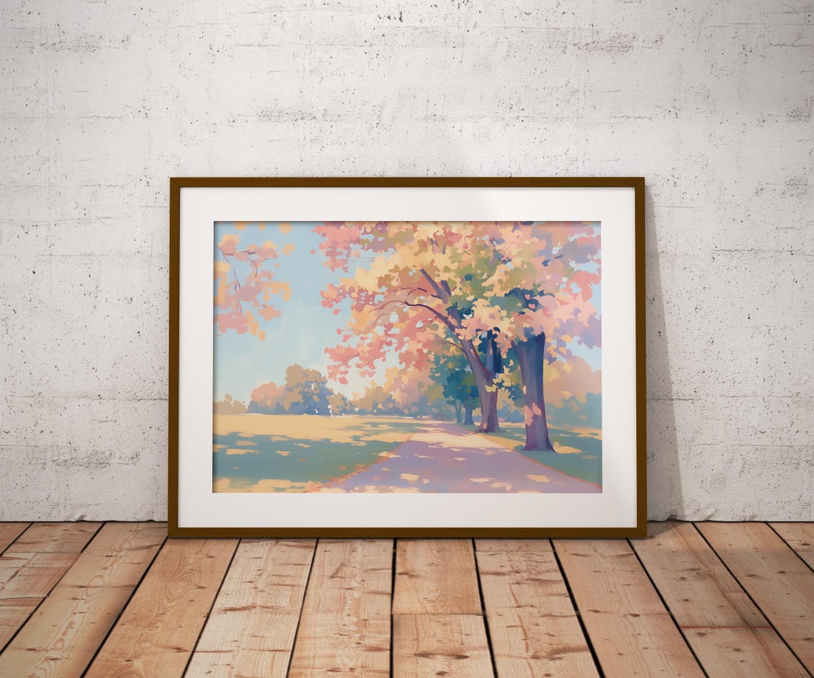 Sunlit Park Path Pink Gold Blooming Trees Cottagecore Art Poster - Image 2
