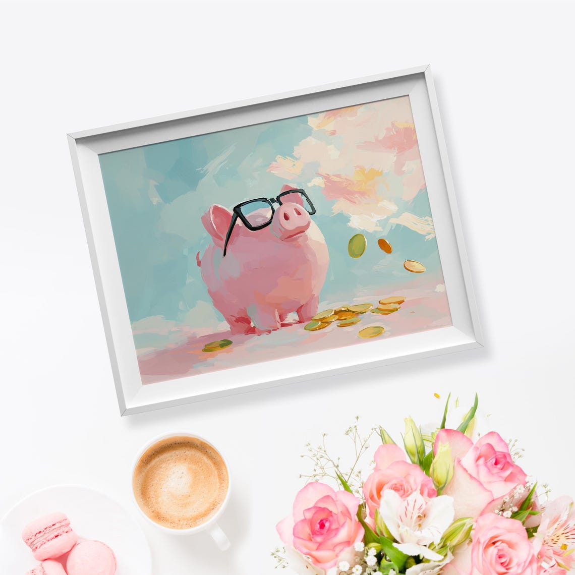 Rich Piggy Bank Painting Pixel Glasses Piggy Art Cute Piggy Bank Wall Art Piggy Bank Wall Art Piggy Bank Decor Pink Piggy Bank Art - Image 5