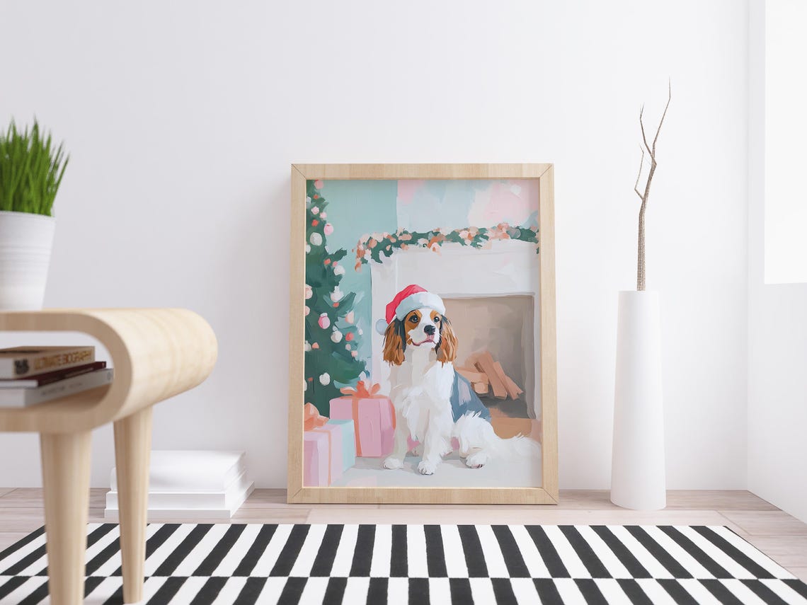 Cavalier King Charles Spaniel In Santa Hat By The Fireplace Print - Image 2