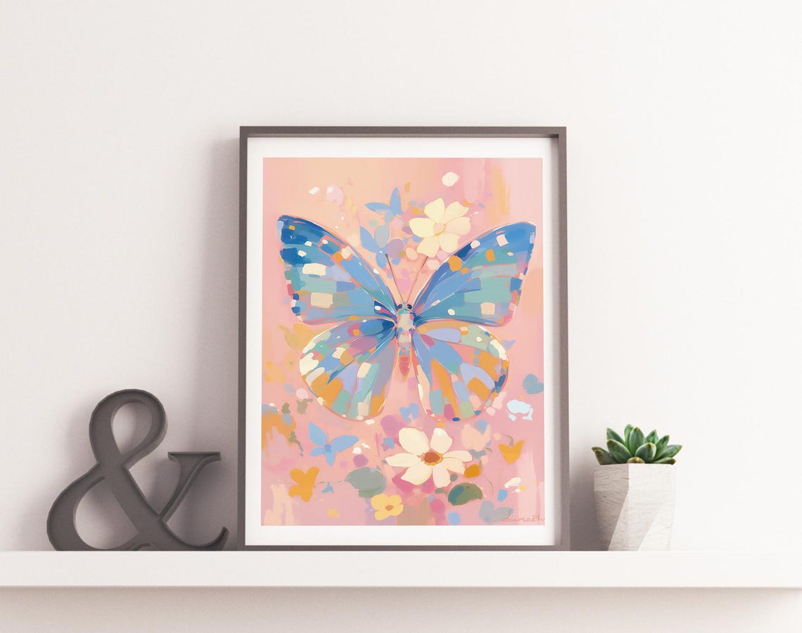 Blue Butterfly Colorful Wings Pink Floral Background Insect Art Poster - Image 2