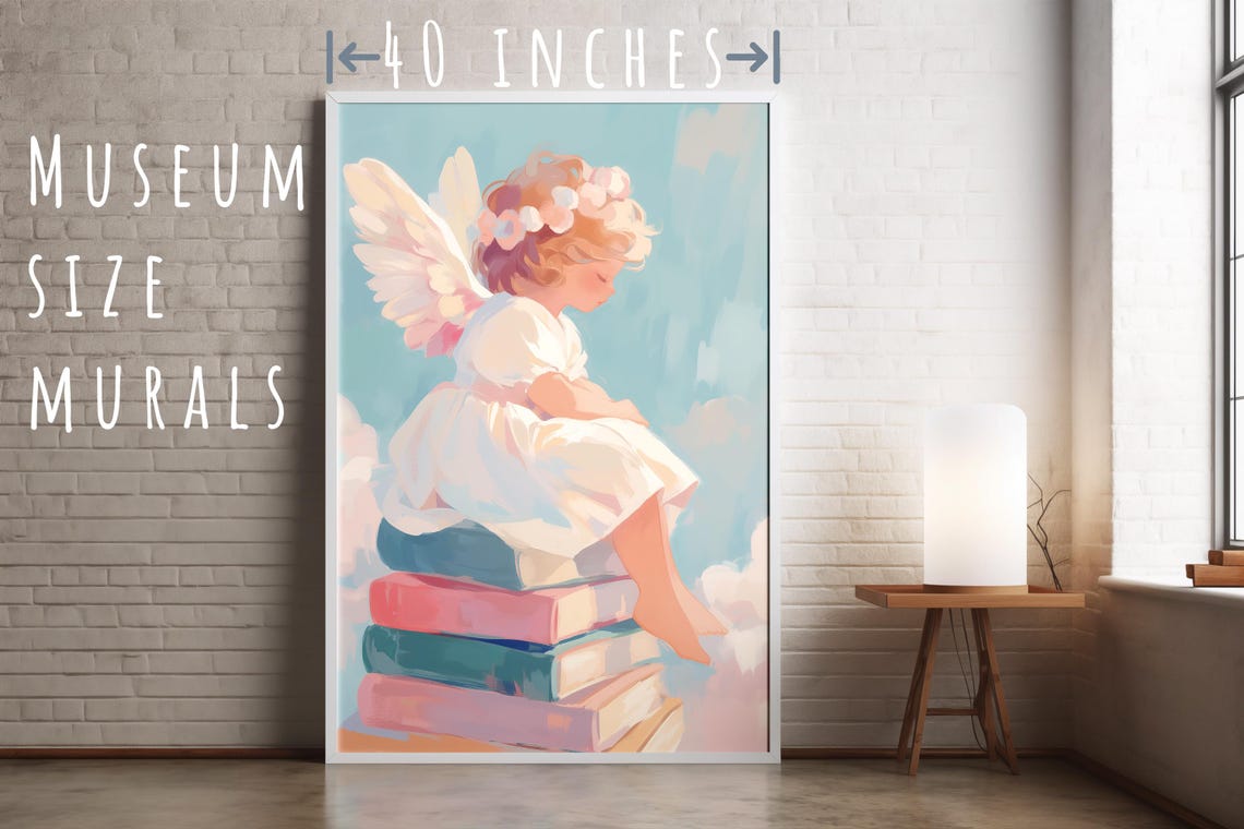 Little Angel Sitting On A Stack Of Pastel Books Among Clouds Poster - Image 5