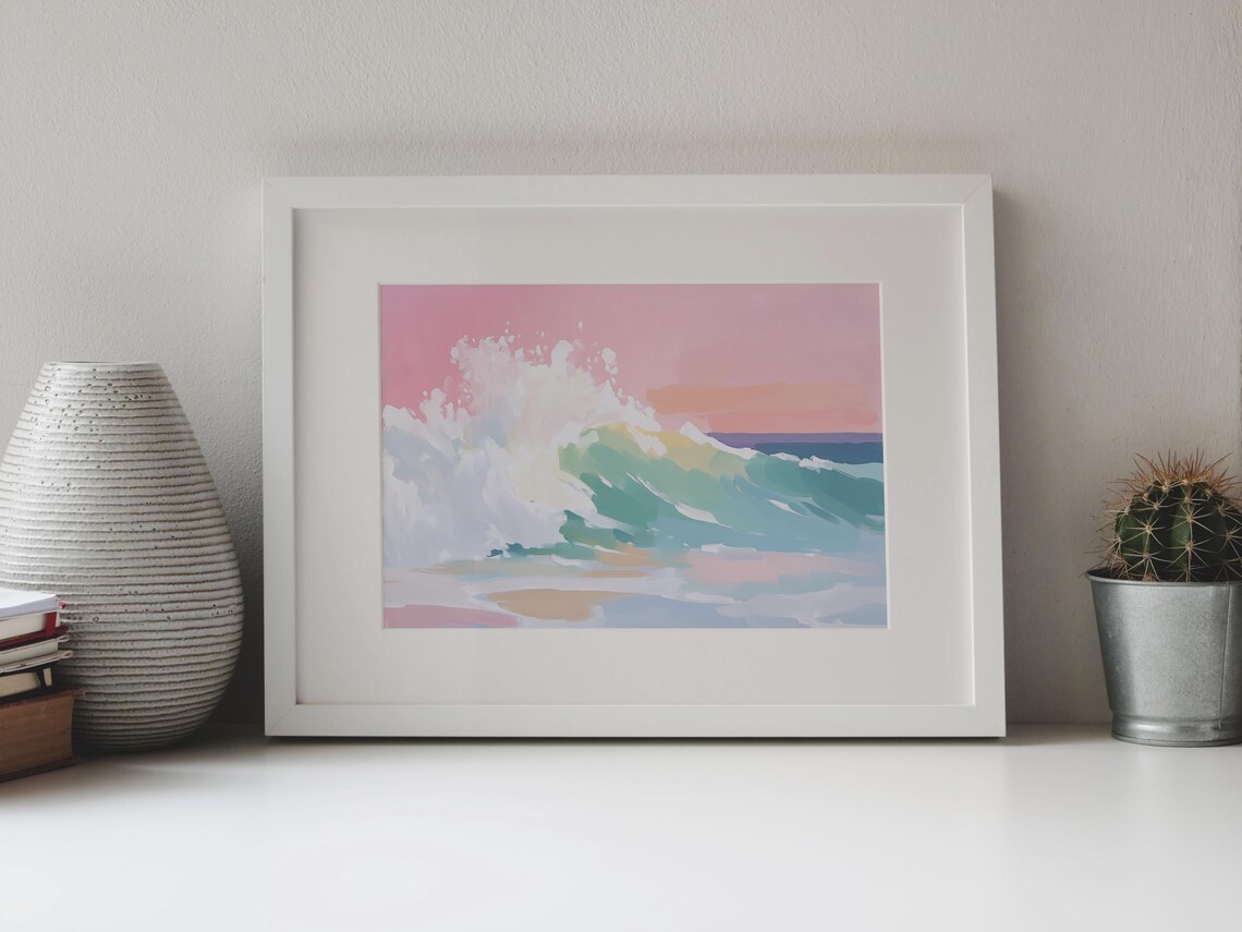 Pastel Ocean Wave Crashing On Beach Pink Sunset Sky Coastal Painting Poster - Image 4