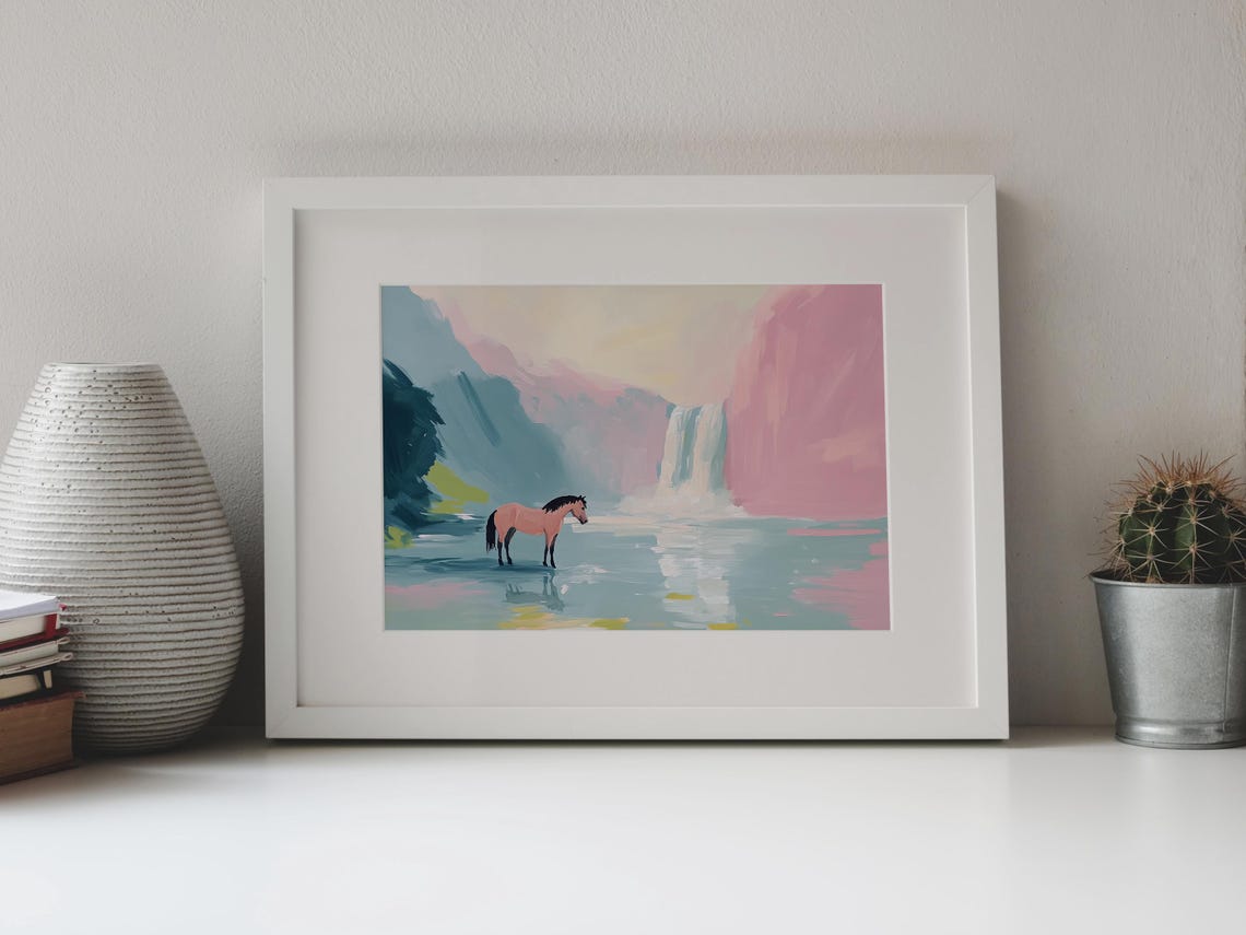 Horse Wading In River Below Waterfall Pastel Mountain Landscape Poster - Image 4