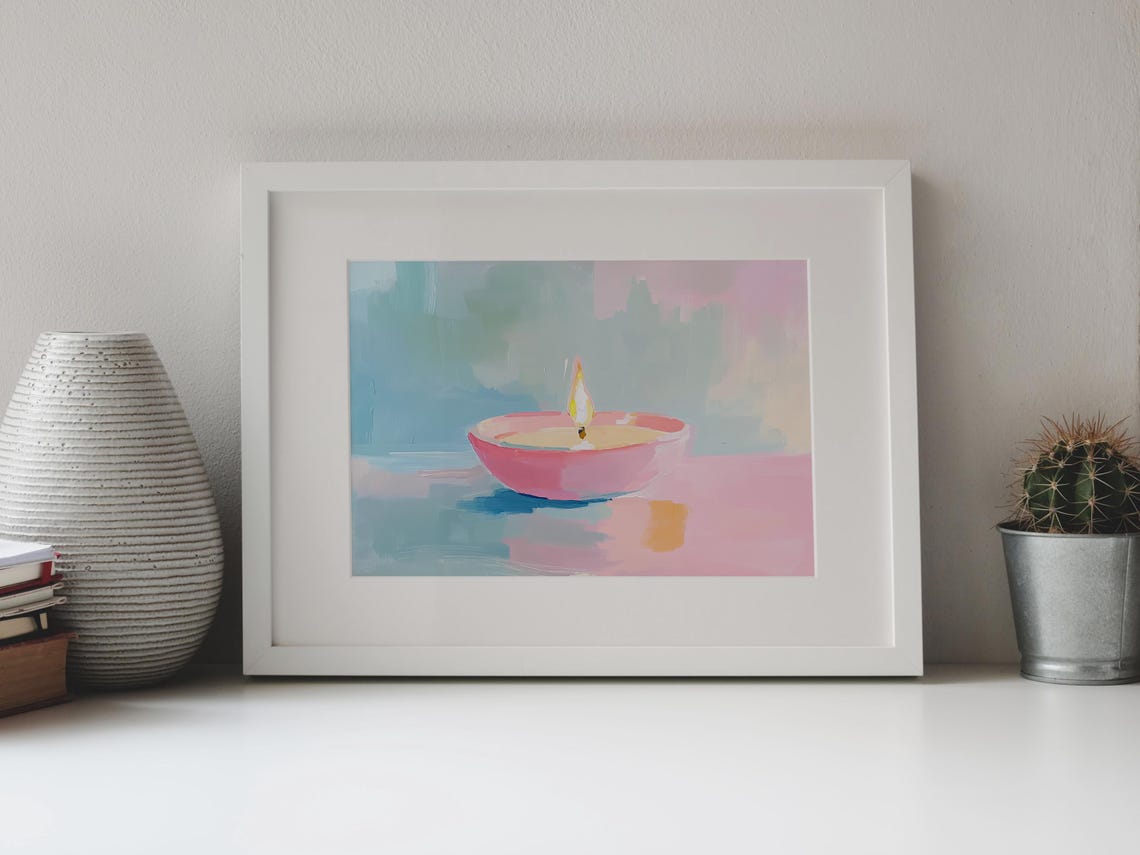 Lit Pink Candle Bowl Soft Flame Calming Minimalist Art Poster - Image 4