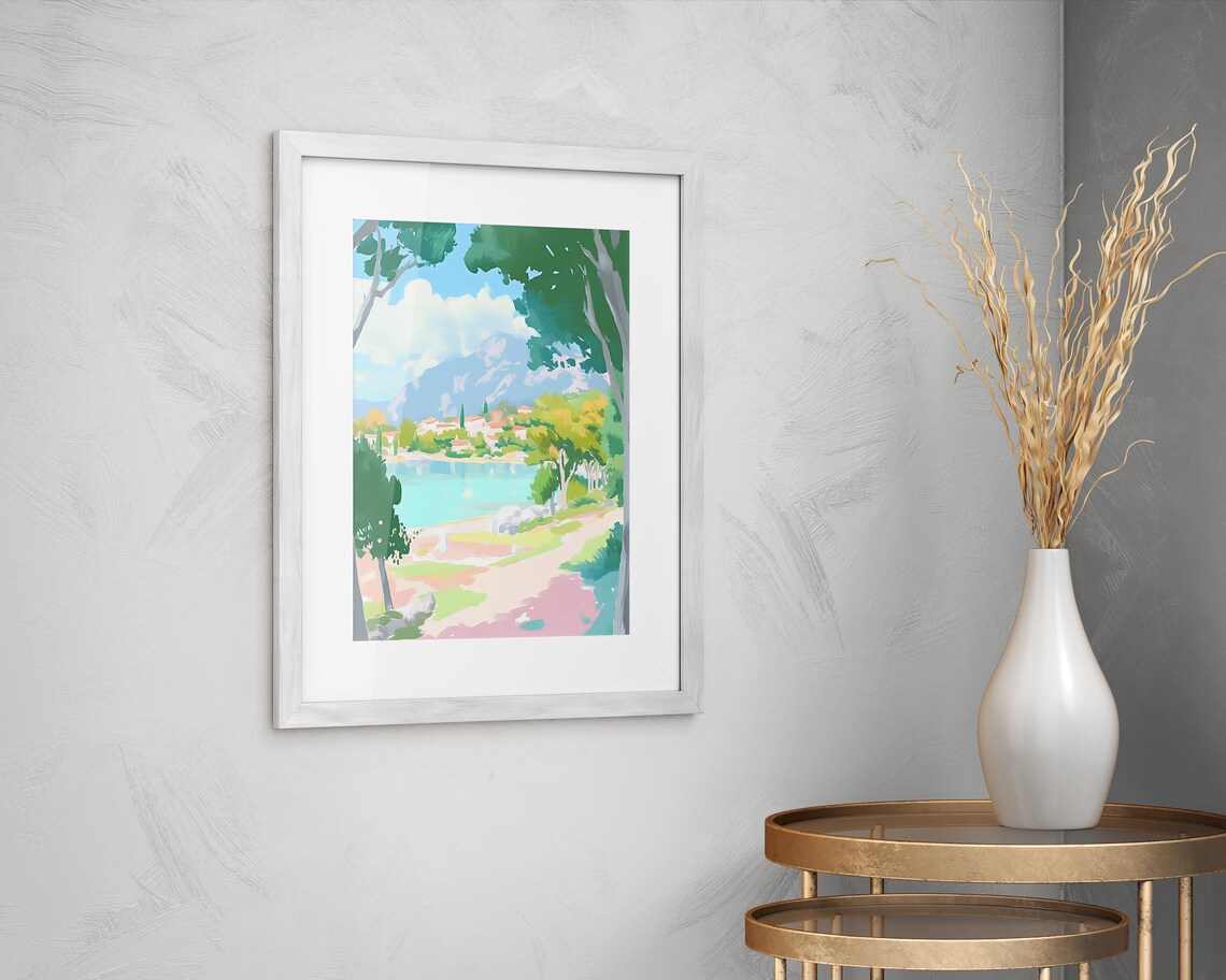 Mediterranean Coastal Town Across Turquoise Bay Trees Pastel View Poster - Image 2