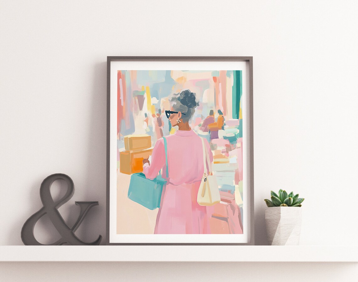 Elegant Woman Shopping in Pink Pastel City Fashion Art Poster - Image 2