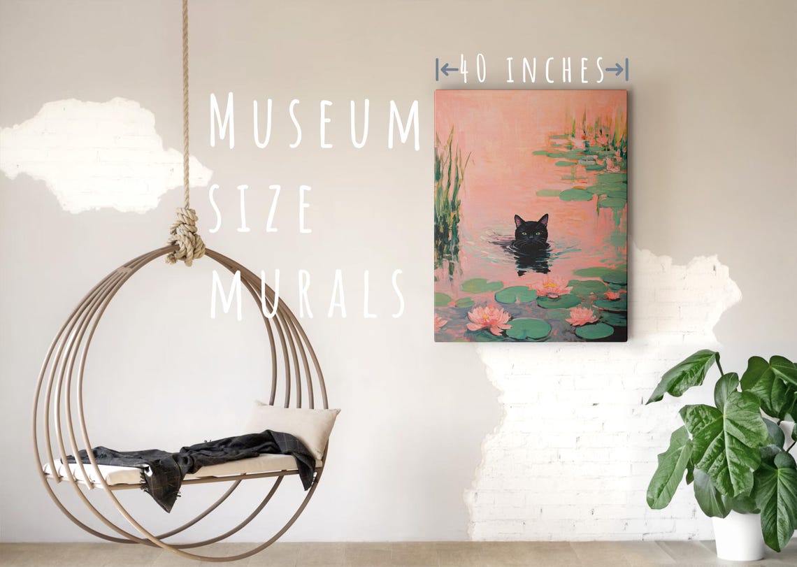 Black Cat Swimming Pink Lily Pond Water Lilies Whimsical Art Poster - Image 5