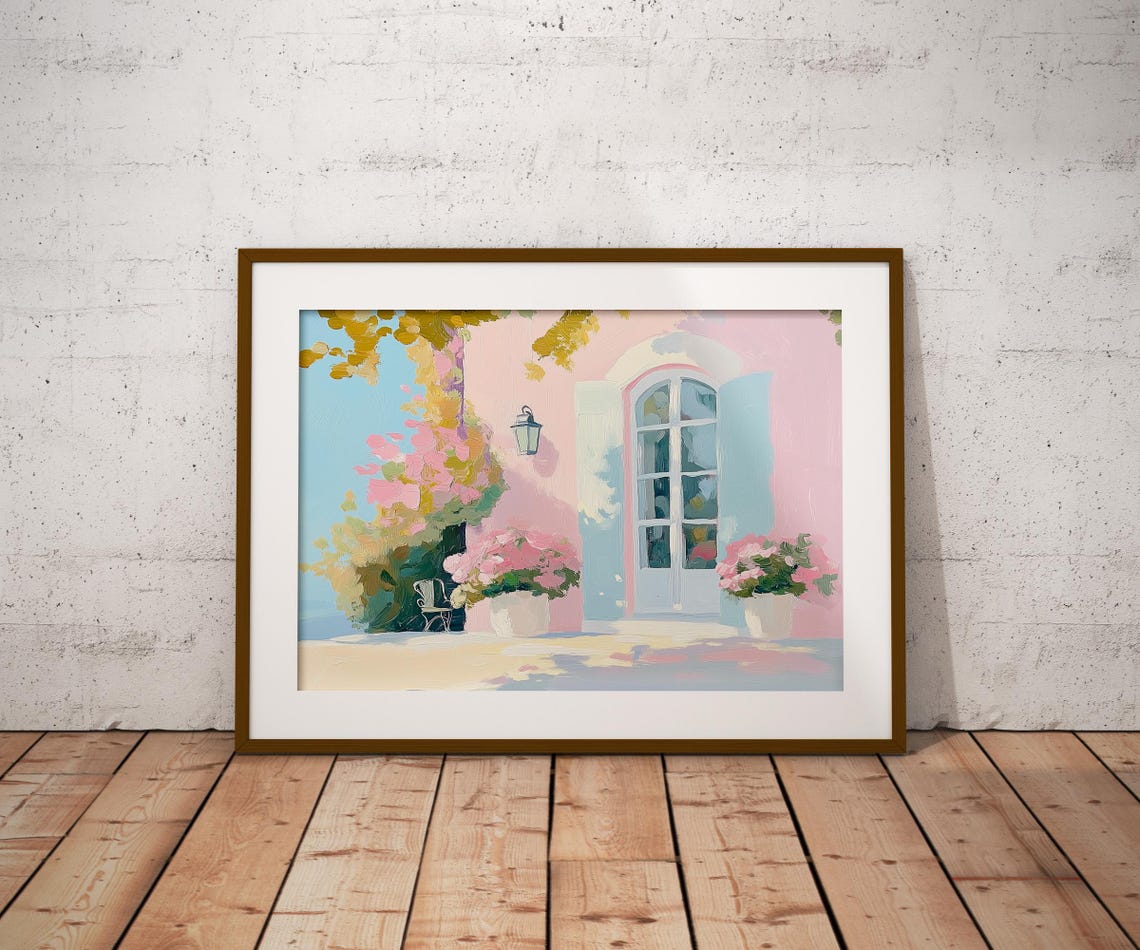 French Countryside Terrace Pink House Blue Shutters Pastel Print - Image 4