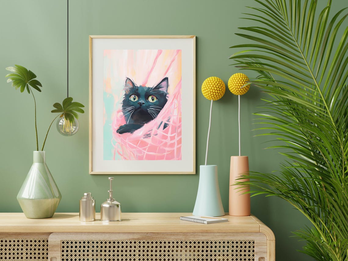 Black Cat Peeking Pink Curtain Big Green Eyes Whimsical Wall Art - Image 2