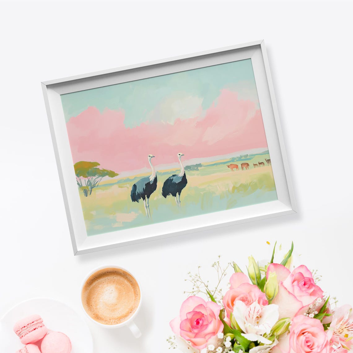 Savannah Ostrich Soft Pastel Painting Ostrich Nursery Art Pink Animal Painting Ostrich Pastel Watercolor Ostrich Savannah Art Print - Image 5