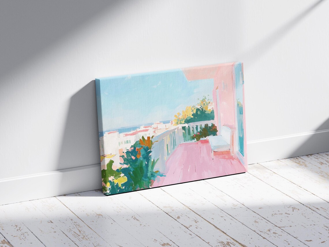 Mediterranean Balcony Sea View Pastel Coastal Cityscape Travel Poster - Image 3