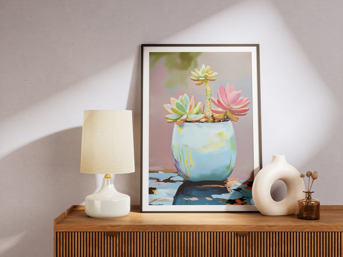 Pastel Succulent Arrangement Light Blue Pot Colorful Botanical Print - Image 2