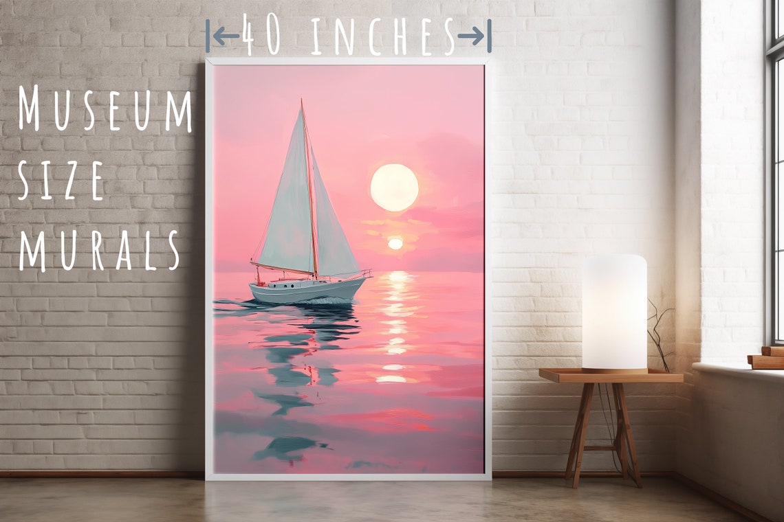 Sailboat on Pink Sunset Ocean Coastal Seascape Wall Art Poster Print - Image 5