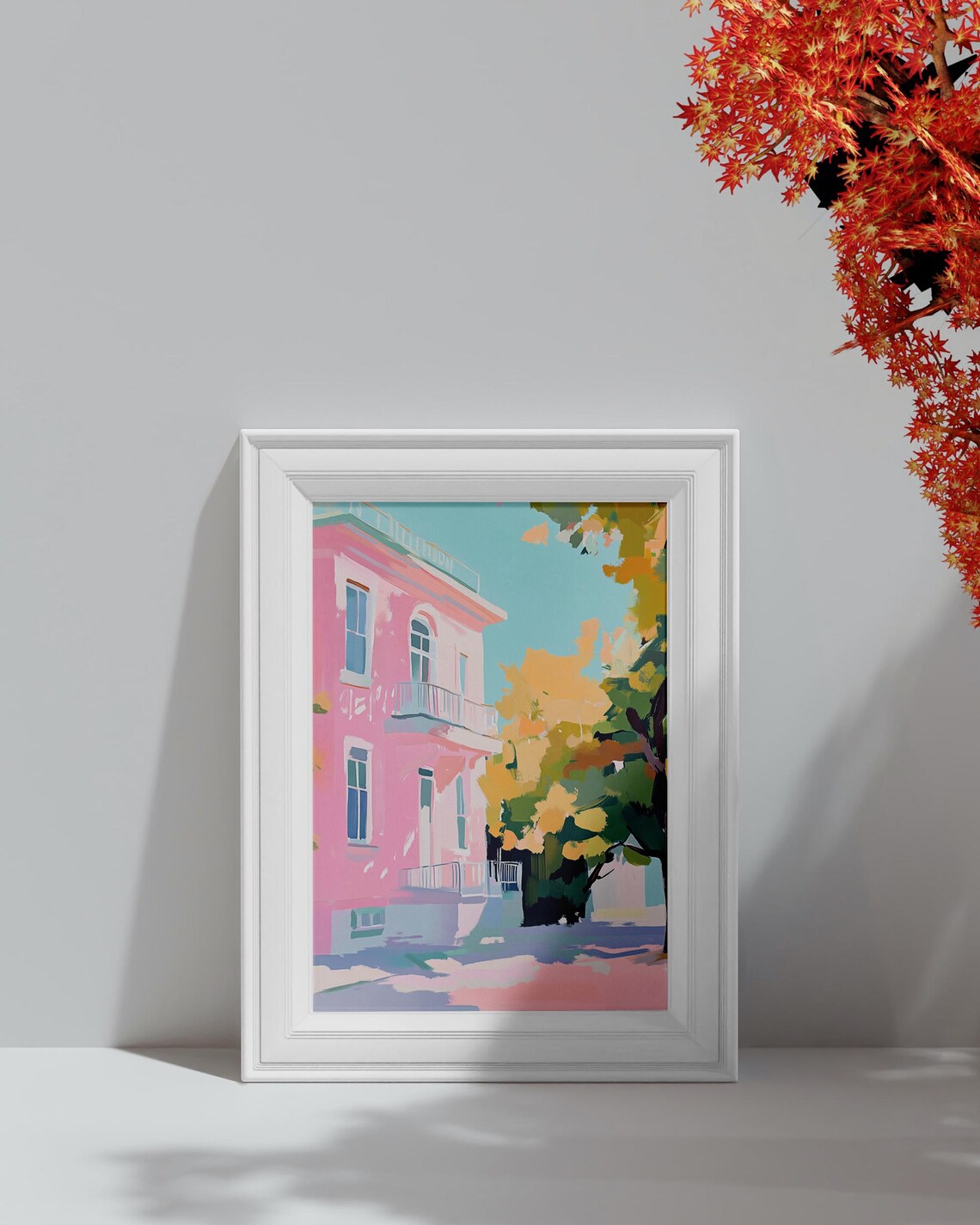 Pink Townhouse With Balconies Autumn Trees Sunny Street Art Poster - Image 4