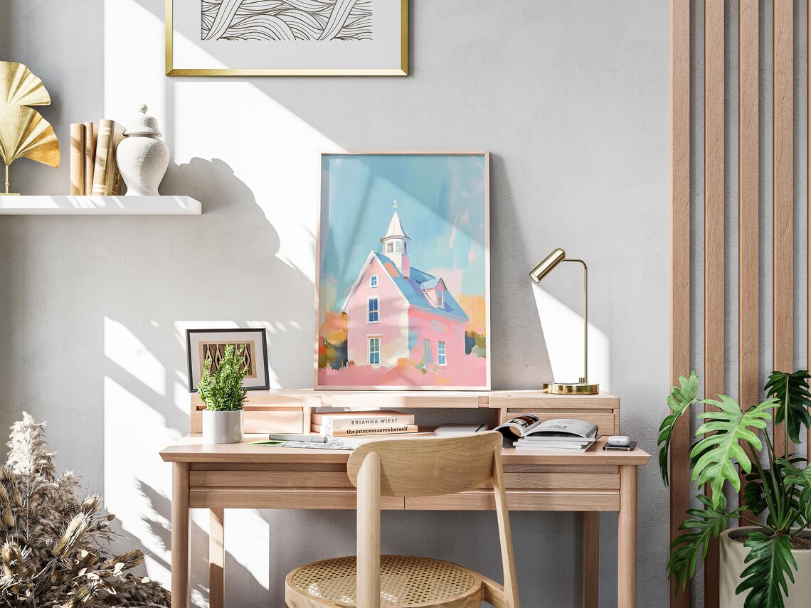Pink Church With White Steeple Blue Roof Pastel Chapel Art Poster - Image 2