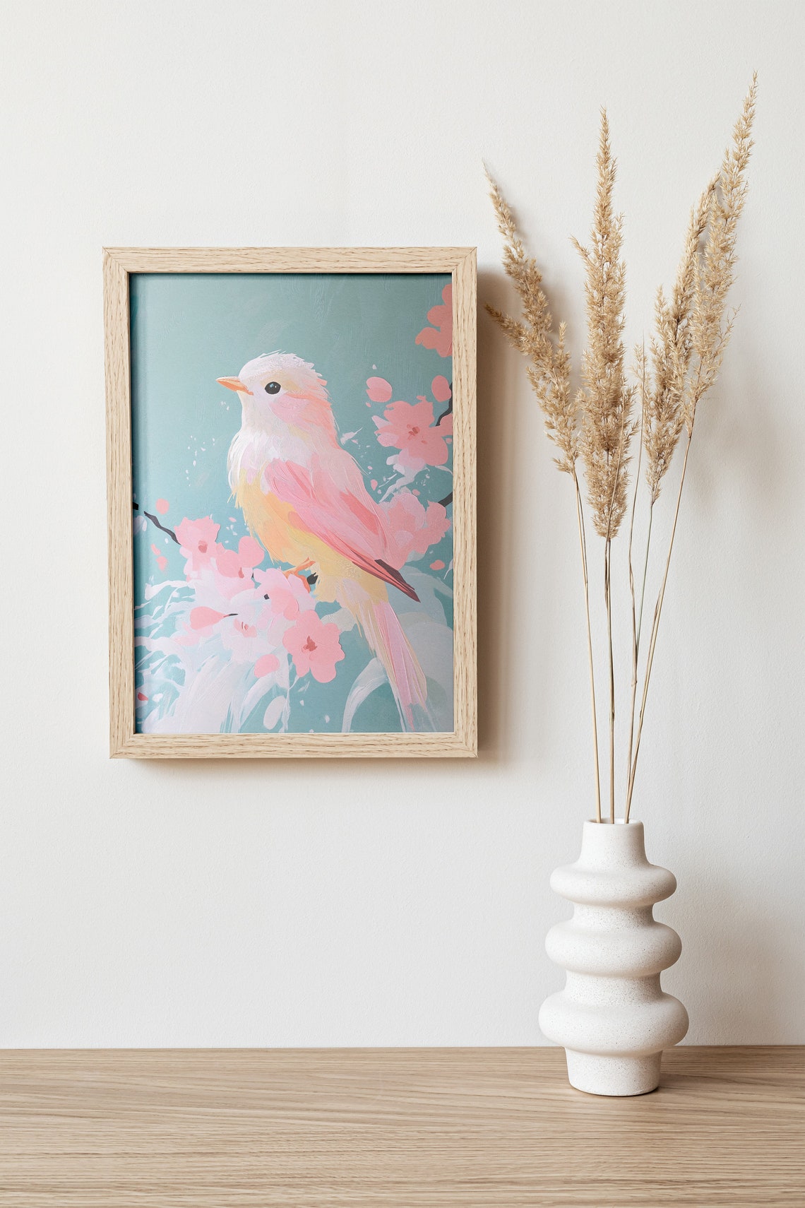 Pink and White Bird on Cherry Blossom Branch Spring Nature Art Poster - Image 2