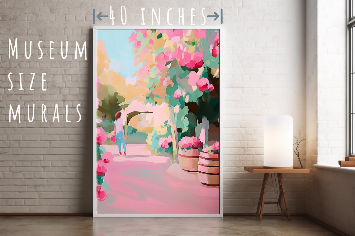 Woman Strolling Pink Flower Garden Arch Pastel Oil Painting Wall Poster - Image 5