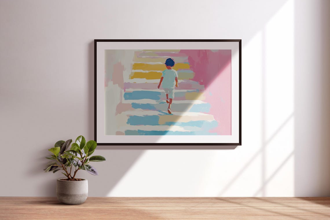Adorable Child Ascending Stairs Painting Cute Child Painting Dreamy Watercolor Heartwarming Decor Joyful Art Print Child On Stairs Art - Image 3