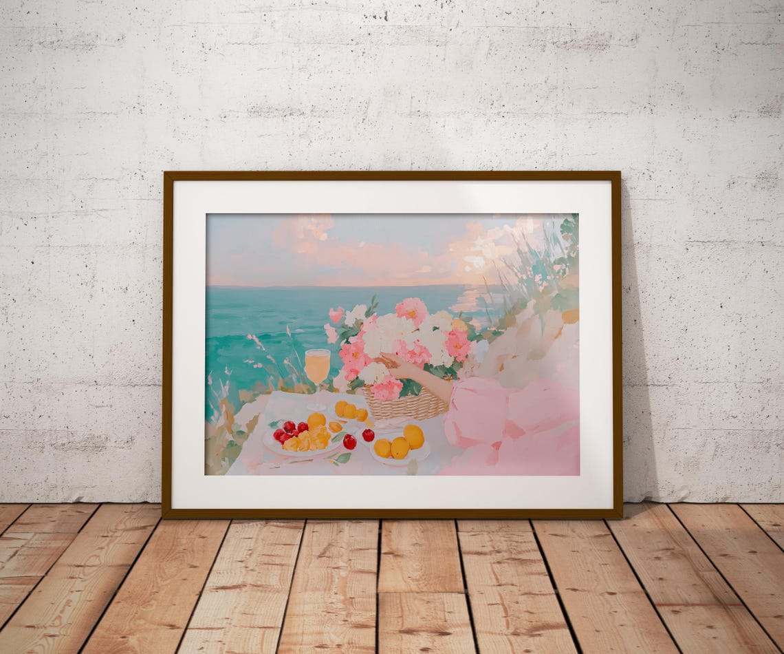 Coastal Picnic Hydrangea Basket Fruit Ocean View Pastel Art Poster - Image 2
