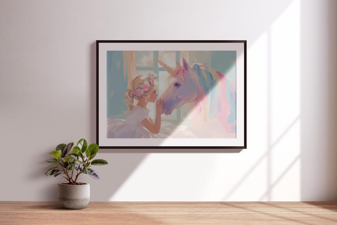 Little Girl Flower Crown Pastel Rainbow Unicorn Nursery Fantasy Poster - Image 3