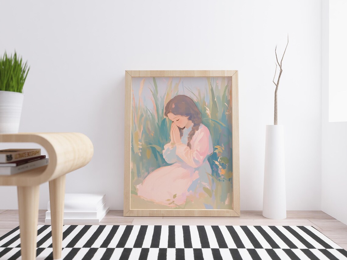 Little Girl Praying In A Sunlit Field Of Tall Grass Peaceful Art Print - Image 4