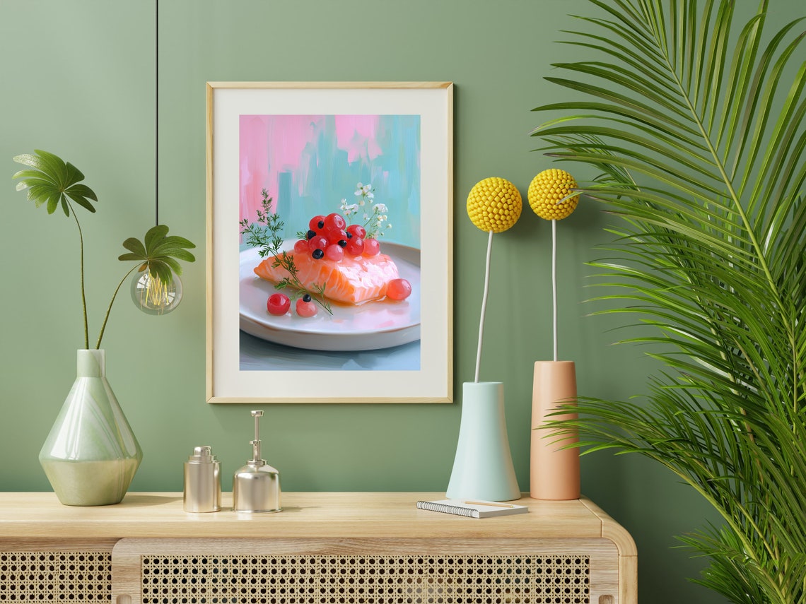 Salmon Fillet with Red Berries Pastel Food Painting Art Poster - Image 4