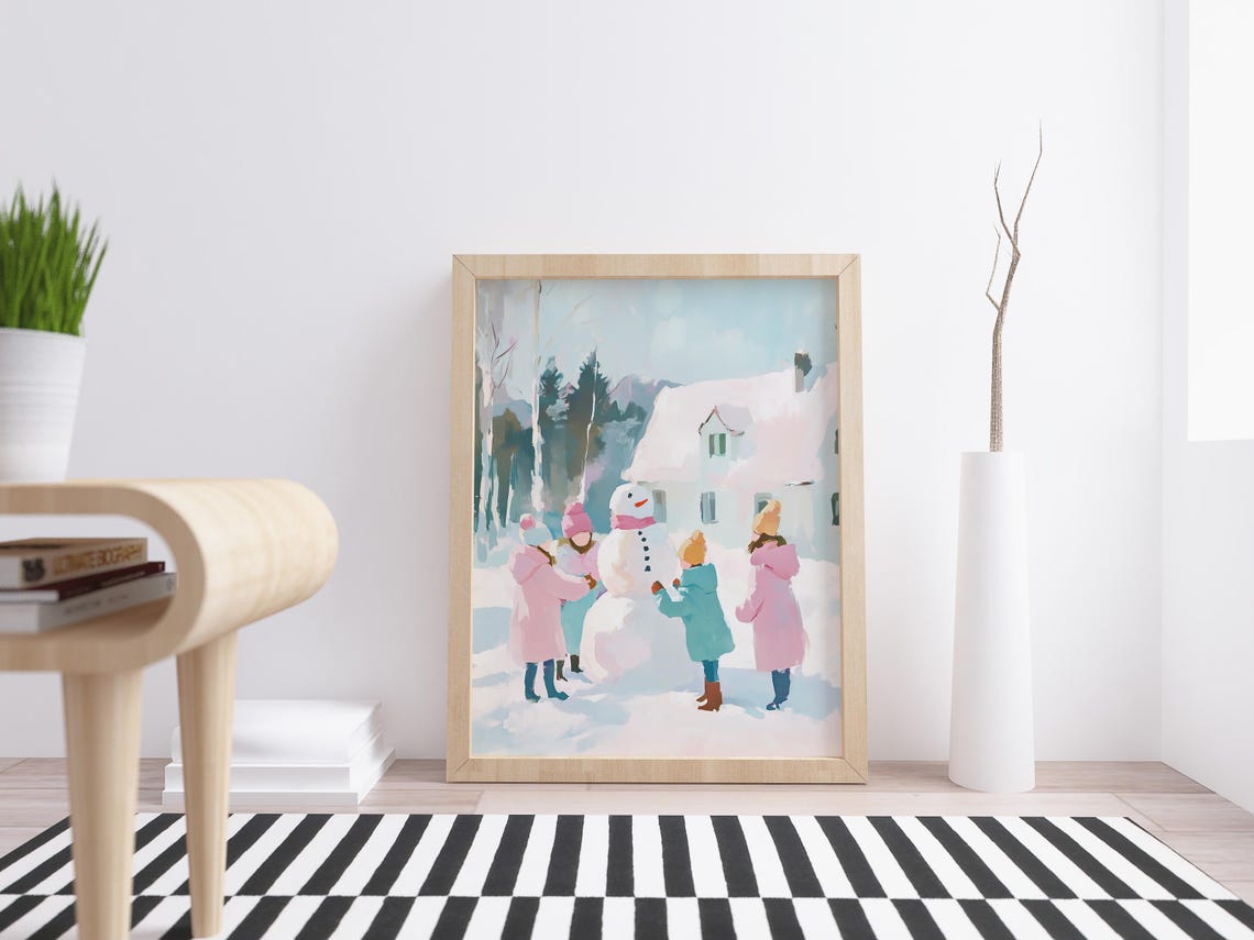 Kids Building Snowman Snowy Day Vintage Winter Scene Art Print - Image 4