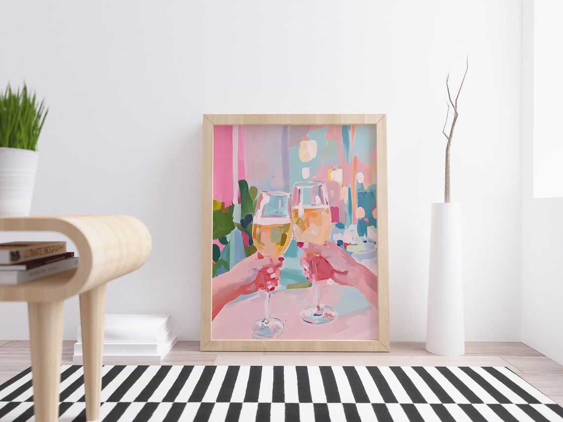 Two Friends Toasting White Wine Glasses Pastel Cafe Celebration Art Poster - Image 4
