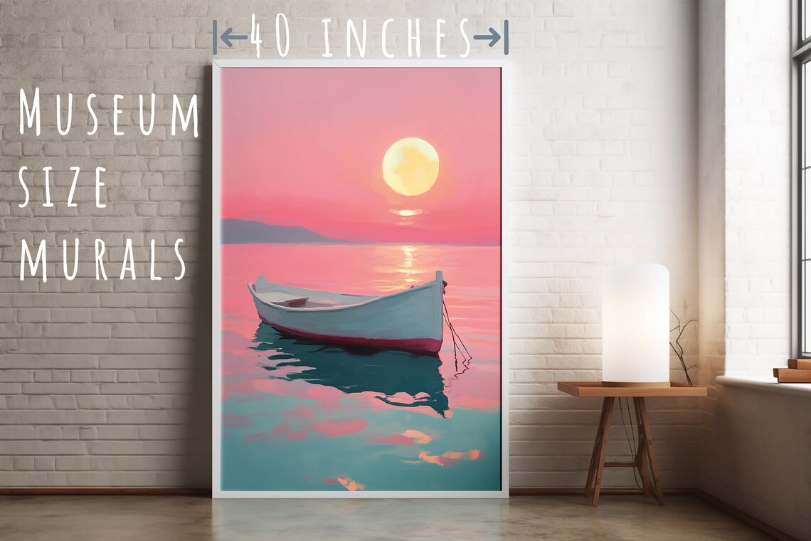 White Rowboat on a Pink Sunset Sea Peaceful Ocean Wall Art Poster Print - Image 5