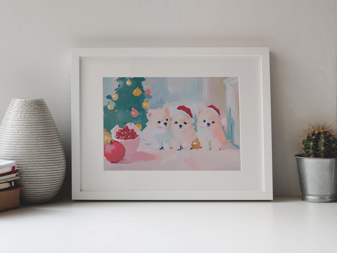 Three White Puppies Red Santa Hats Christmas Tree Holiday Poster - Image 4
