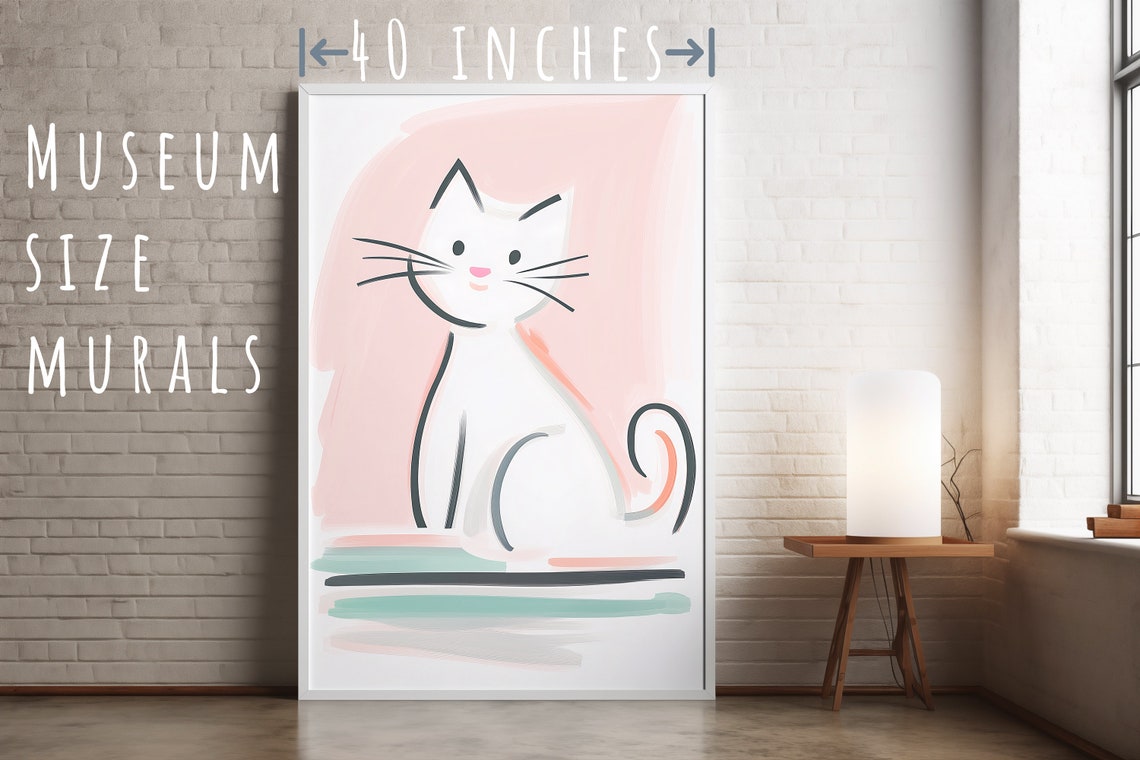 Minimalist White Cat Line Art Cute Pink Kitten Nursery Poster - Image 5