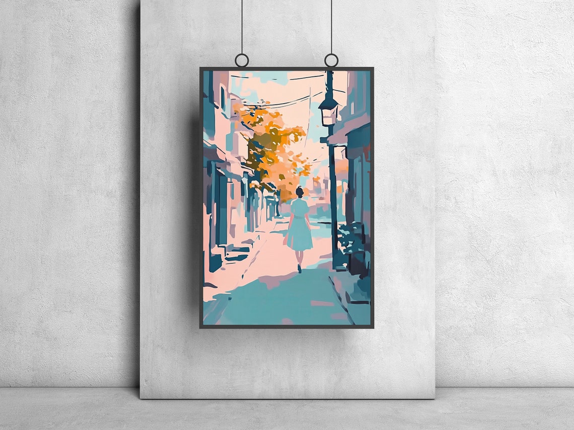 Pastel Stroll Lady On Alley Art City Girl Print Feminine Wall Art Elegant Lady Beautiful Lady Light Pink Painting Parisian Wall Art - Image 2