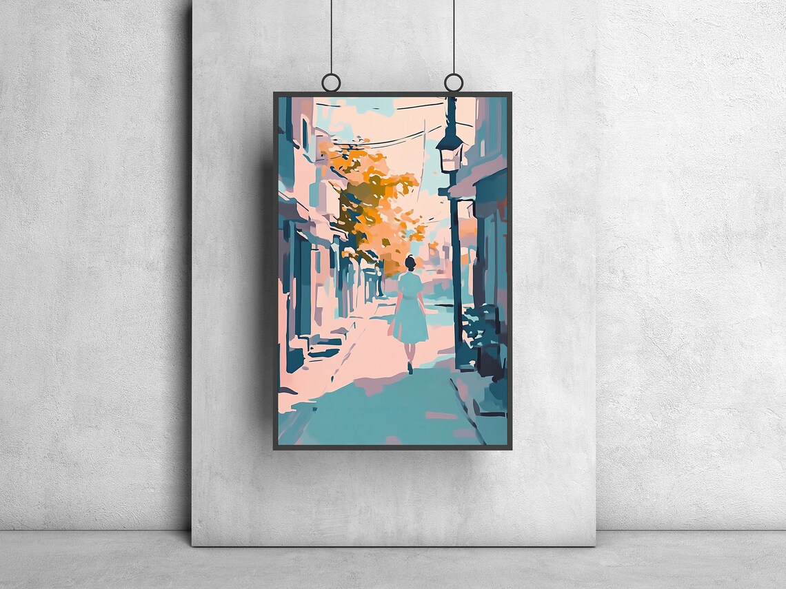 Woman Walking Pastel City Alley Sunlit Street Feminine Wall Art Print - Image 2