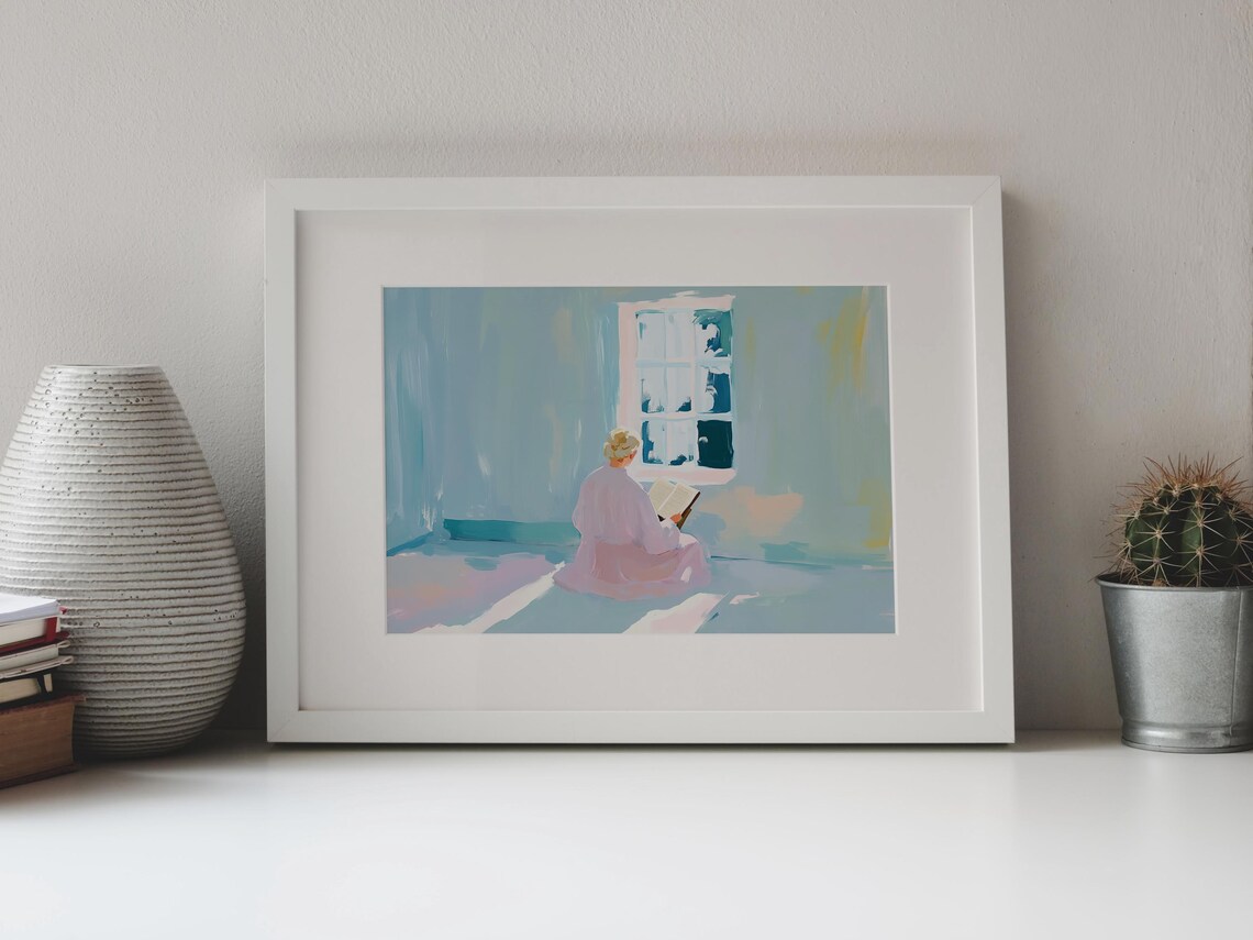Woman Reading Book By Sunlit Window Pastel Painting Quiet Room Art Poster - Image 4